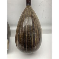 Italian bouzouki type long necked mandolin with segmented lute back and spruce top with tortoiseshell style panels; bears label 'Miroglio & Figli Sicilia Catania Italia' L99cm; and Italian lute back mandolin with segmented back and spruce top bearing label for F. De Mureda Napoli (2)