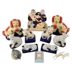 Collection of Staffordshire style figures, including dogs, cats, Death of Nelson etc 
