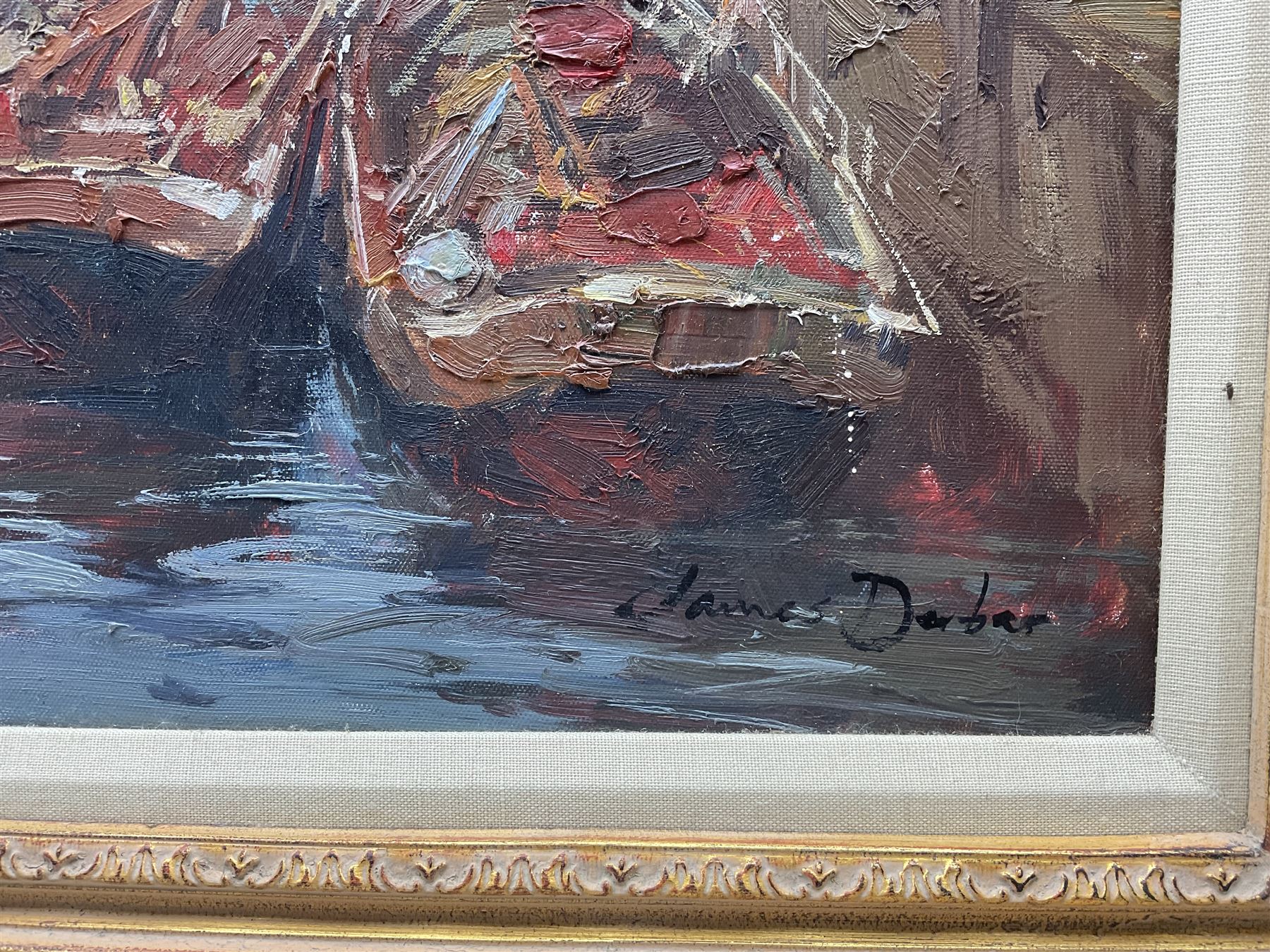 James Derbar (Continental 20th Century): 'Rotterdam Old Harbour', oil on canvas signed, titled verso 60cm x 90cm