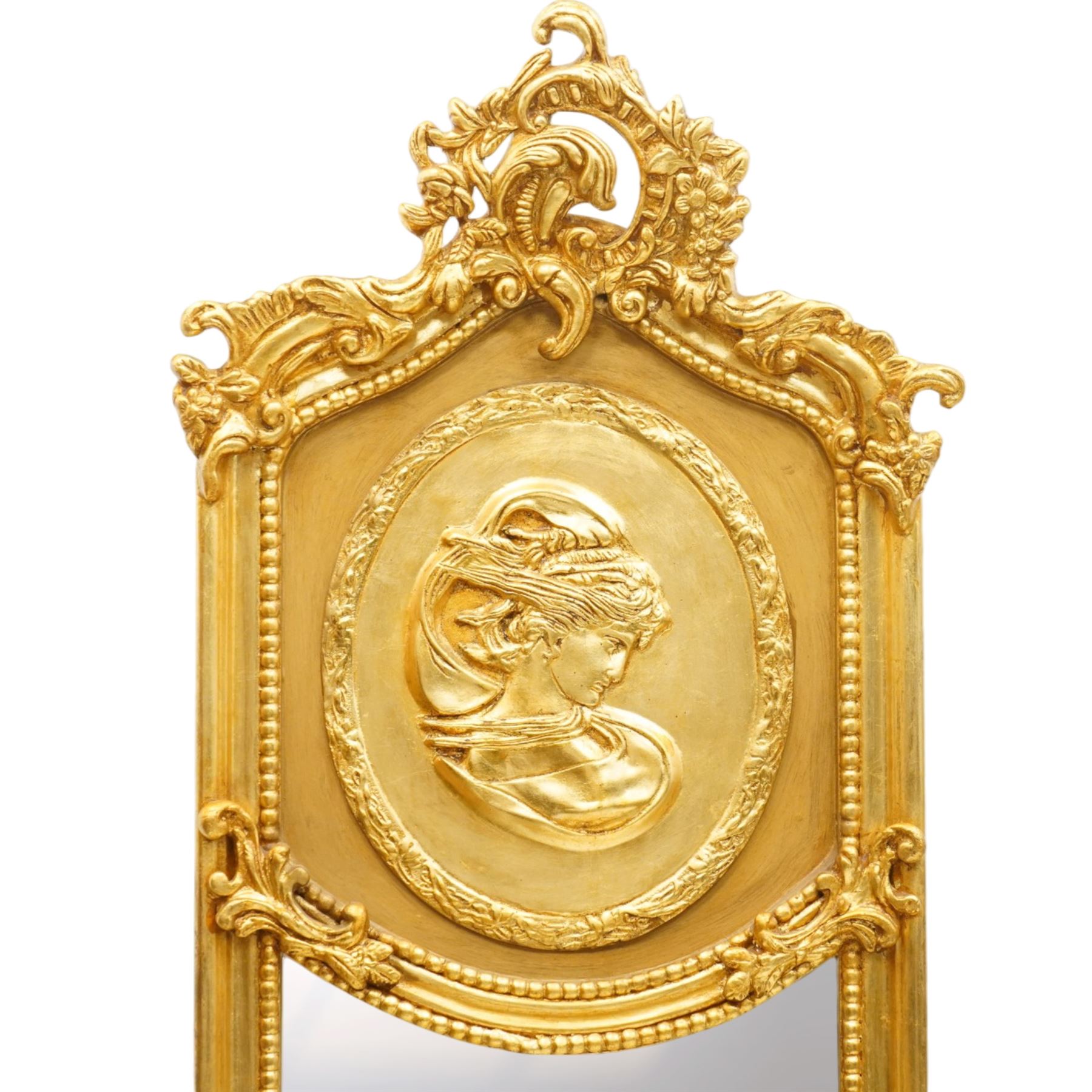 Pair of Rococo Revival gilt framed wall mirrors, the pierced scrolling rocaille pediment with foliate motifs over an oval panel with relief portraits of classically draped females, over a shaped rectangular bevelled plate surrounded by beading and scrolling foliate motifs