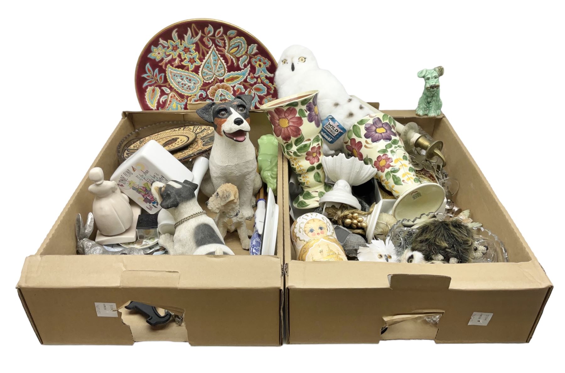 Sylvac green seated dog, together with pair Wade Heath vases, wall charger and other collectables, in two boxes  