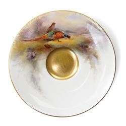 Royal Worcester cabinet cup and saucer, each painted with pheasants in a landscape, by James Stinton, each with backstamp in puce, teacup H5cm