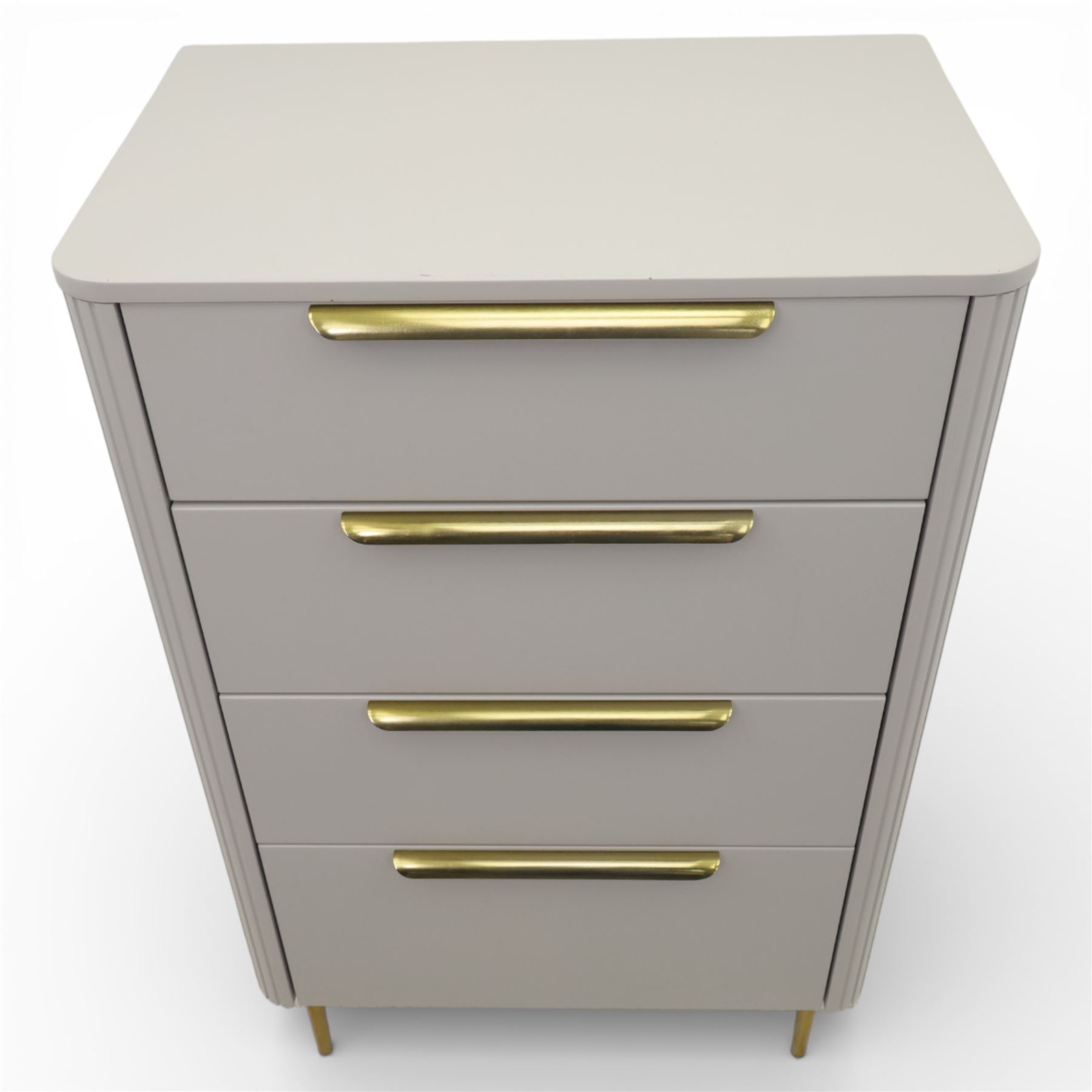 Made.com - 'Ebro' grey four drawer chest, gold painted metal shaped handles, rounded corners with fluted detail, raised on gold painted metal tapered supports