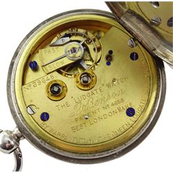 Victorian silver open face key wound 'The 'Ludgate' Watch' by J. W. Benson, London, No. 39648, patent No. 4658, white enamel dial with Roman numerals and subsidiary seconds dial, London 1889 