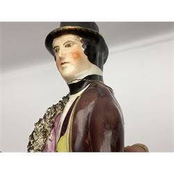 19th century Staffordshire figure of Robert Peel, titled 'Sir Robert Peel', modelled on horseback, atop an oval plinth base featuring a naturalistic and floral design, H30cm 