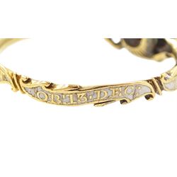 George II 18ct gold amethyst and enamel mourning ring, single cushion cut amethyst, with foiled and glazed back, to pierced fleur-de-lis shoulders, the white enamelled shank engraved Grace Hutchinson OB: 13 Dec: 1756