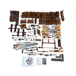 Collection of planes and woodworking tools including wood planes, chisels, hammers etc alo...