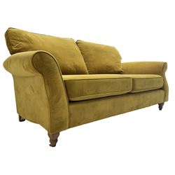 Next Furniture - traditional shaped three-seat sofa, upholstered in mustard velvet, rolled arms with pipping, on turned front feet