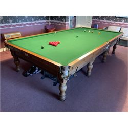 Burroughes and Watts (Soho, London: 1839-1900) - late 19th century oak full size billiard or snooker table, on eight turned supports, thick slate bed.
Currently situated in storage, ready for delivery. Currently in storage. Sold as per image.