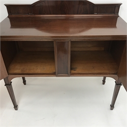 Edwardian mahogany side cabinet, raised shaped back, two doors, square tapering supports on spade feet, W122cm, H117cm, D53cm
