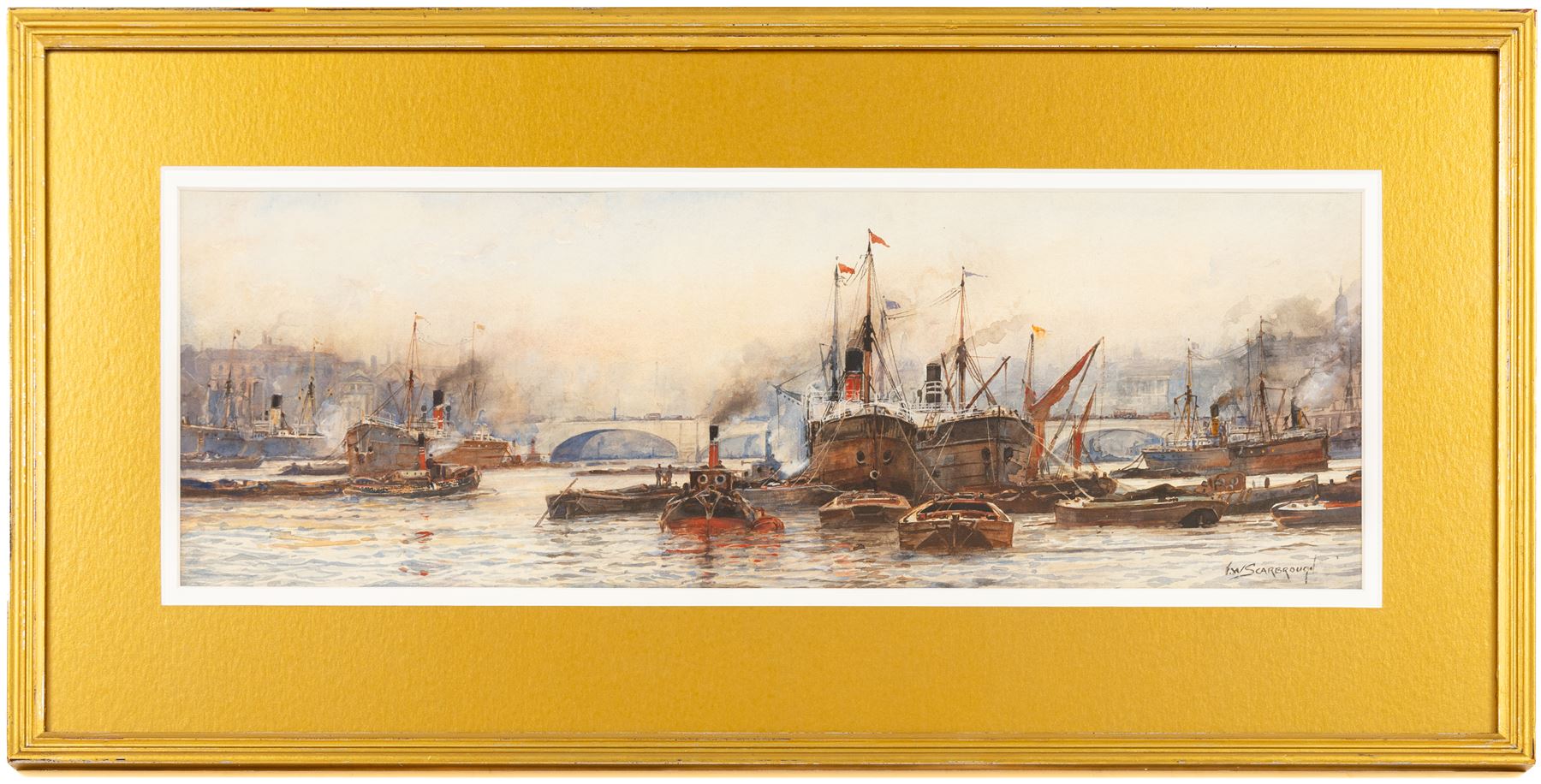 Frederick William Scarborough (British 1860-1939): Shipping on the Thames at London Bridge, watercolour signed 17.5cm x 52.5cm