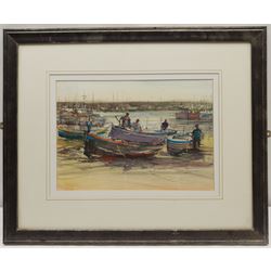 Attrib. David Morris (British 1937-2018): Mending the Boats in the Harbour at Low Tide, watercolour indistinctly signed 24cm x 34cm