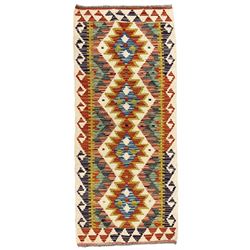 Chobi Kilim runner, multi-coloured ground with overall geometric design, decorated with four stepped lozenge medallions