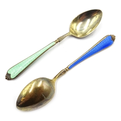  Set of six silver-gilt and enamel coffee spoons by Adie Brothers Ltd, Birmingham 1958, cased  