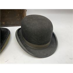 Vintage travel trunk, together 'Dunn & Co' bowler hat, Tress & Co top hat and champion showring riding hat (unsuitable for use)