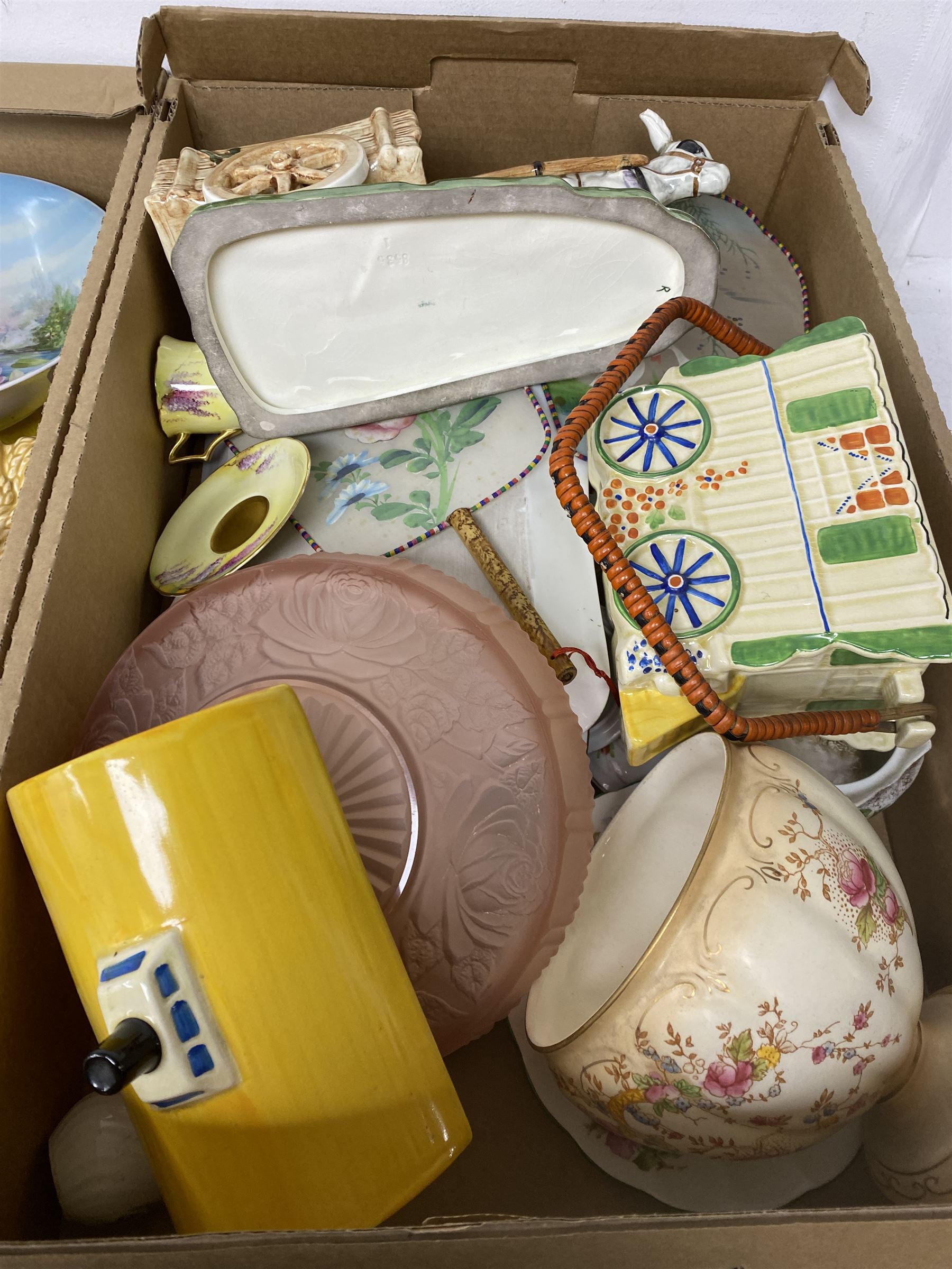 Royal Worcester tea cup and saucer, Royal Doulton Christmas Day 2001 figure and a collection of other ceramics, glassware and collectables, in five boxes 