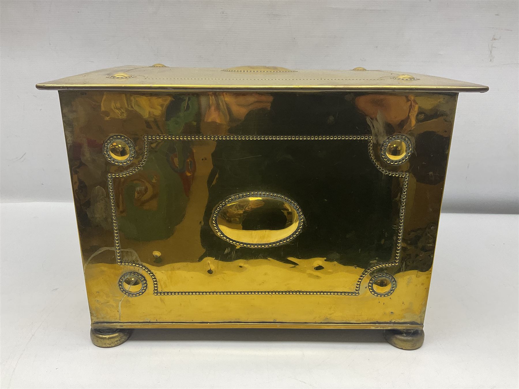 Brass rectangular coal box with handles and hinged lid