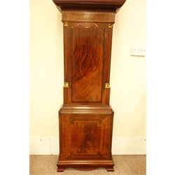  Early 19th century mahogany longcase clock, hood with swan neck pediment and checkered inlays, stepped arch glazed door enclosed by fluted columns with gilt metal capitals, figured trunk door with boxwood stringing, on ogee bracket feet, brass dial with cast gilt metal spandrels, silvered Roman chapter ring, subsidiary seconds dial, triple weight driven chiming 8-day movement, with Wittington/Westminster and chime/silent levers, chiming the quarters and striking the hours on series of eight bells and single coil, pull repeater, H243cm  Provenance - with original receipt from Geo. Bradley & Sons, Scarborough 1918 to Mr. James Johnson of Scarborough.  