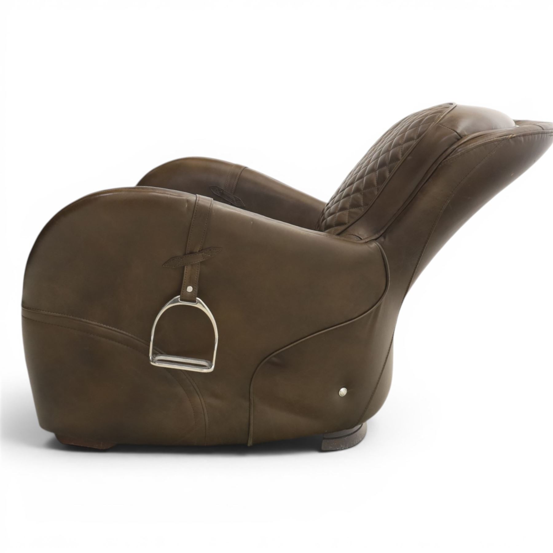 Timothy Oulton - saddle chair and stool upholstered in chocolate brown leather, with reclined back with diamond quilted cushions, stirrups upholstered to the sides  