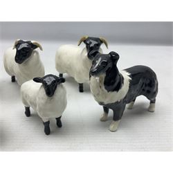 Seven Beswick figures of sheep comprising three ewes and four lambs, together with a figure of a sheepdog (8)