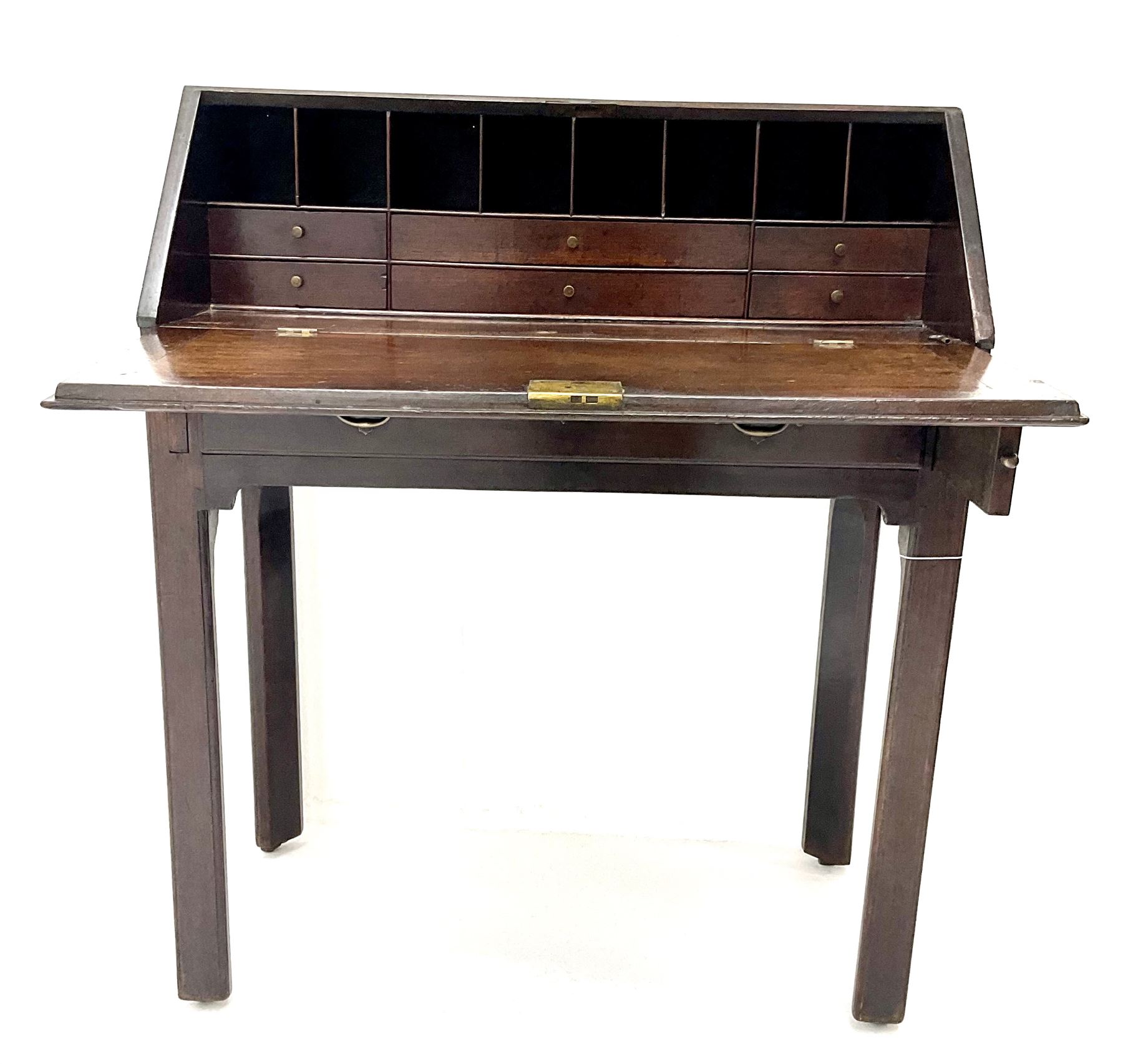 George III mahogany bureau, fall front with sliding stays, single frieze drawer, square supports with inner chamfer and outer moulded edge