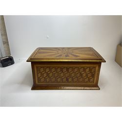 19th Century mahogany and parquetry box of rectangular form, geometric cube design, with a stylised sun detail to the hinged cover, opening to reveal three compartments, L33cm D21cm H16cm

