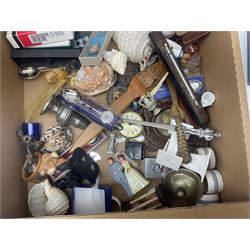 Assorted collectables, to include box with silver mounted cover, hallmarked Birmingham, various shells including example carved with religious scene, collection of cigarette cards and tea cards, boxed gramophone, cased typewriter, etc. 