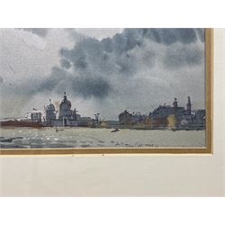 Anthony Flemming (British 1936-): Venice, pair pen and watercolours signed 17cm x 24.5cm (2)
Notes: born in London he studied at Goldsmiths College School of Art where he was awarded a First Class Honours Degree. On leaving Art School he went to Spain, his return to England was prompted by a request from John Cooper to design a racing car. Other design commissions followed from Brabham, Mclaren, Puma and Piper. He is a member of The Wapping Group of Artists having had a number of commissions from companies such as Shipowners Insurance Company, Shell, National Westminster Bank, B.P. and the Woolwich Building Society