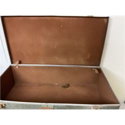 Metal deed box with key, together with two metal suitcases, deed box H27cm