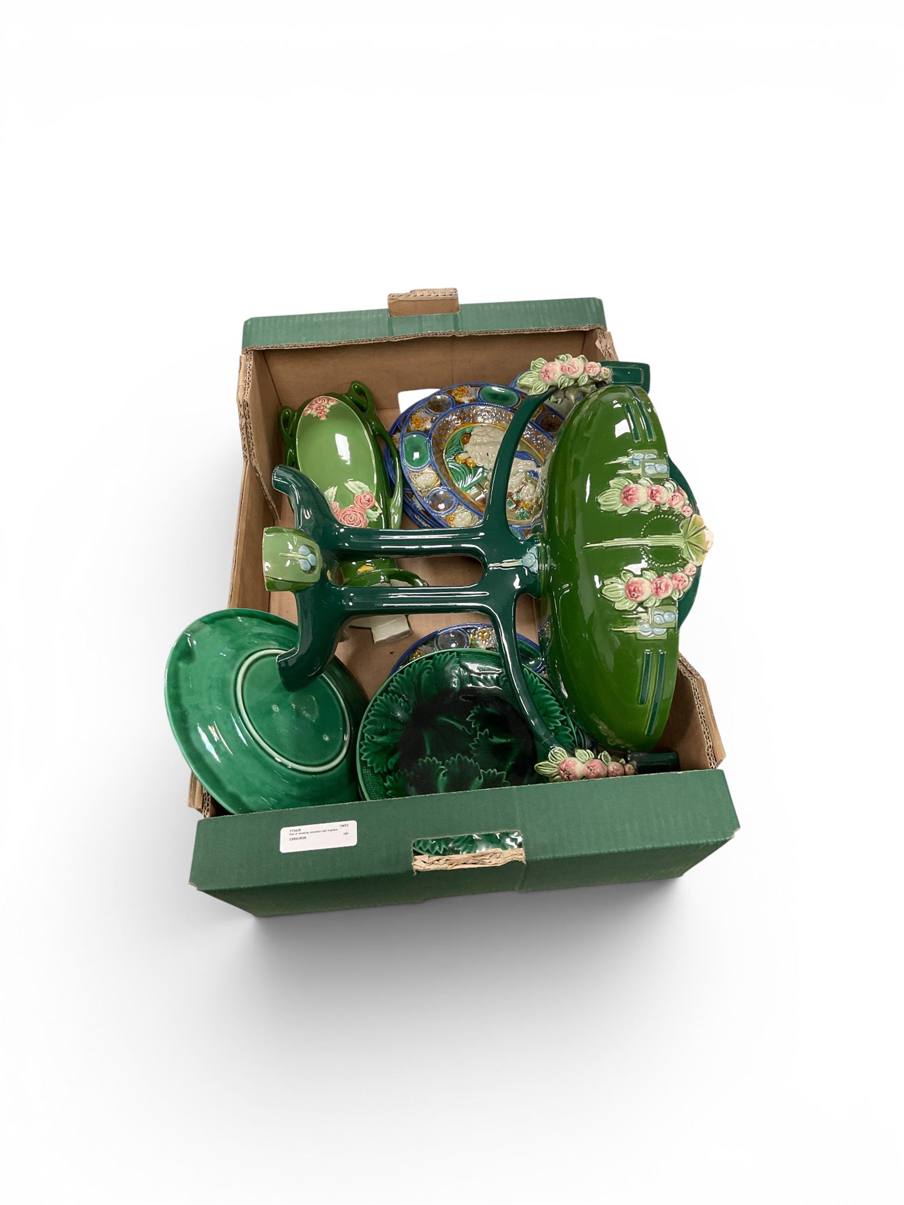 Art Nouveau secessionist majolica centerpiece together with other nouveau and majolica ceramics 