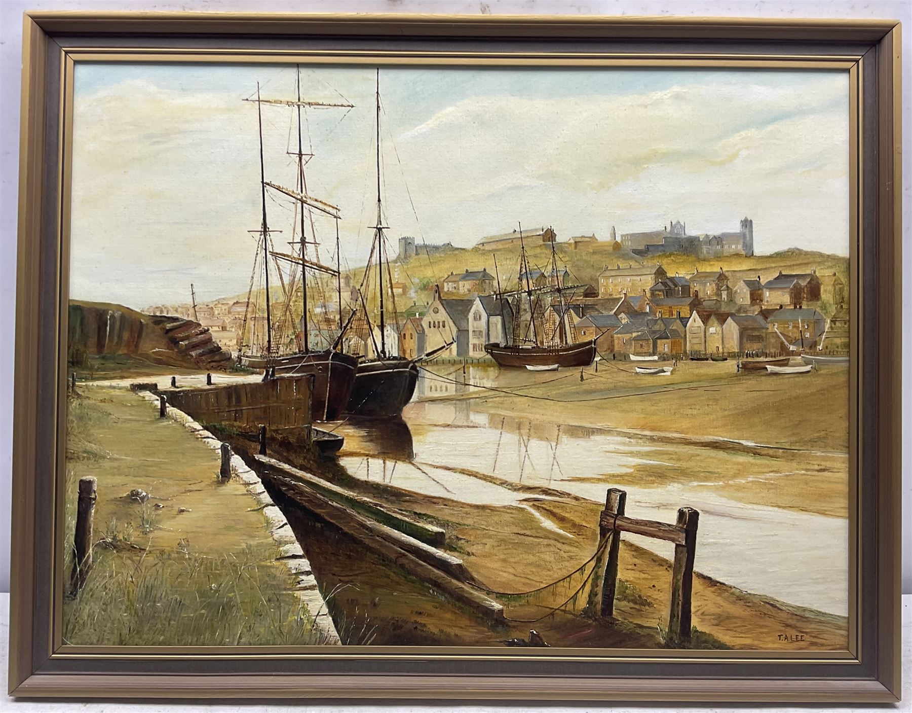 TA Lee (British 20th century): Up River Esk Whitby, oil on board signed 45cm x 60cm