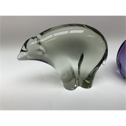 Livio Seguso (Italian, 1930-), Murano glass penguin paperweight in purple and blue, H12.5cm, together with another paperweight modelled as a polar bear for Graglas of Germany, c1970, both with etched marks beneath