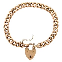 9ct rose gold curb link bracelet with heart locket clasp, stamped 9