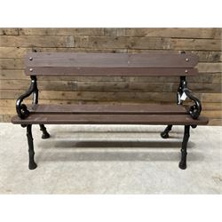 20th century tree cast iron and timber slatted garden bench, black painted frame with stained wood