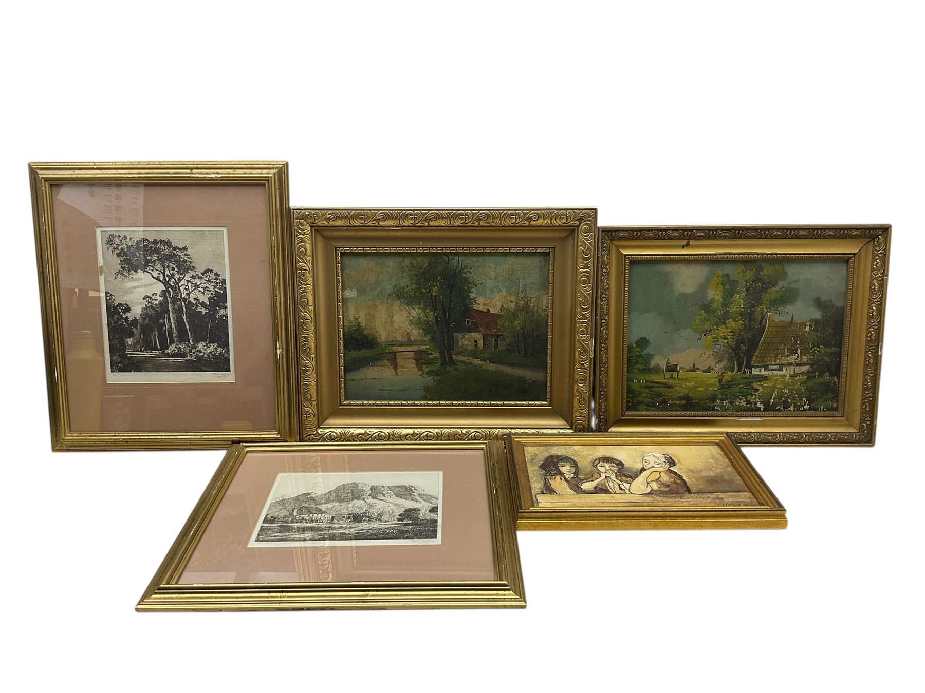 Three oil paintings and two etchings, faintly or indistinctly signed, largest 28cm x 39cm (5)
