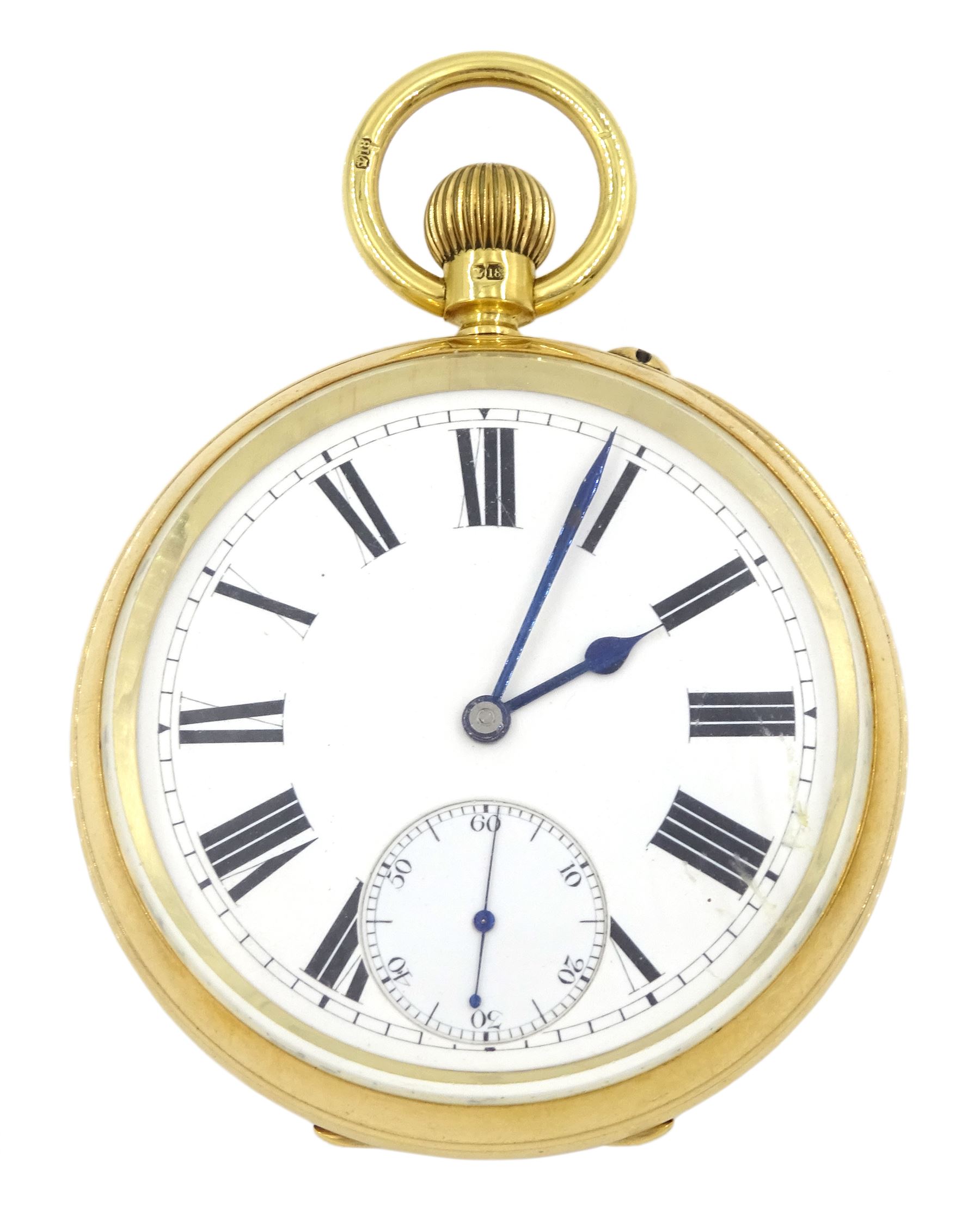 Victorian 18ct gold open face keyless lever presentation pocket watch, white enamel dial with Roman numerals and subsidiary seconds dial, back case with engraved monogrammed initials, case by Arthur Baume & Co, London 1894