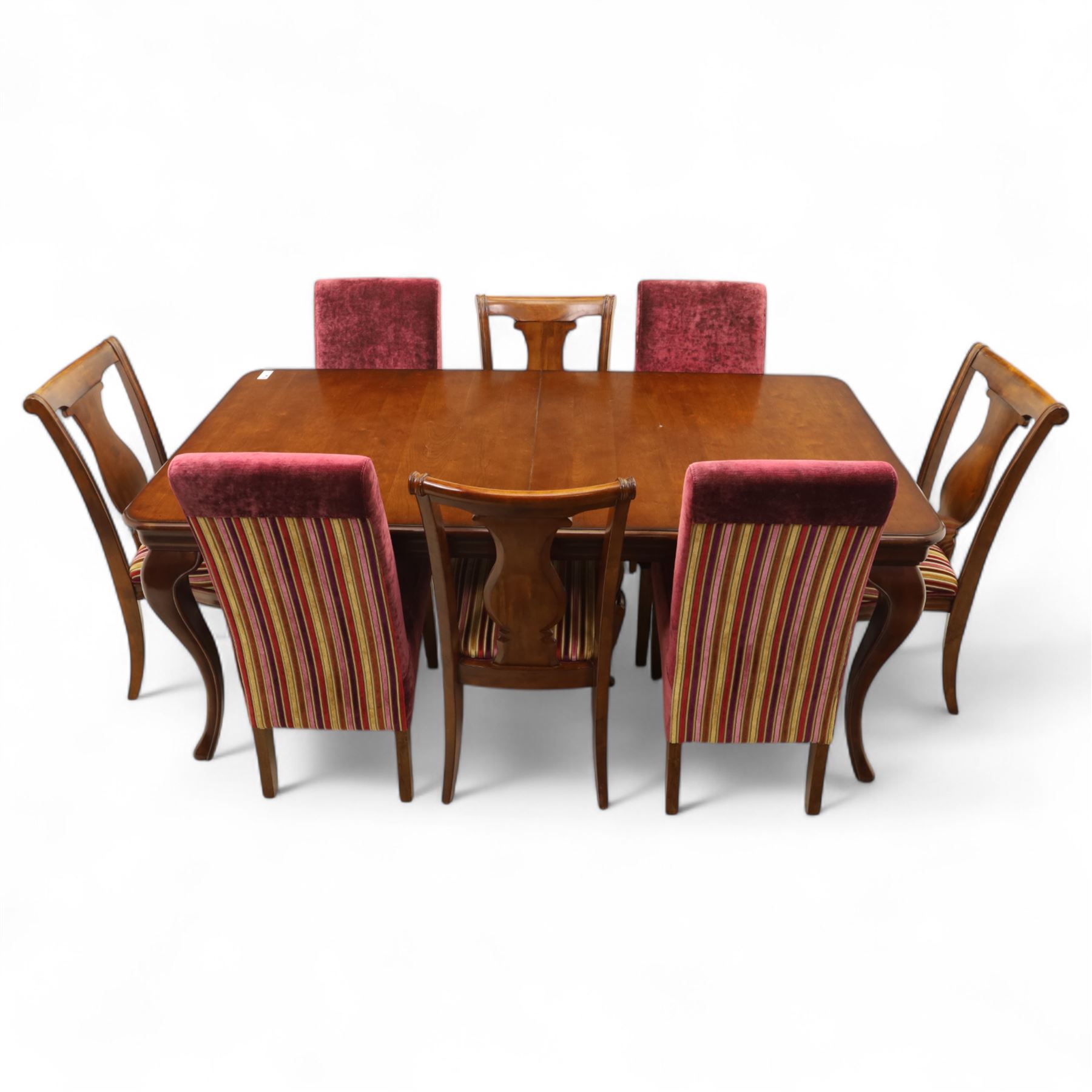 Willis & Gambier - mahogany extending dining table, rectangular top with rounded corners on cabriole legs, with two 35cm extension leaves, four Willis & Gambier upholstered high back chairs and four mahogany chairs, upholstered in a stripped multi-coloured velvet fabric, with scroll-shaped top rail, lyre-shaped back splat on cabriole legs, chairs W46xD91x97cm (11) 