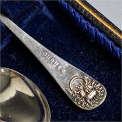 Set of six 1920s silver teaspoons and pair of sugar tongs, each decorated in relief with the Durham Cathedral sanctuary knocker and with rattail bowls, hallmarked Cooper Brothers & Sons Ltd, Sheffield 1923, contained within a fitted case