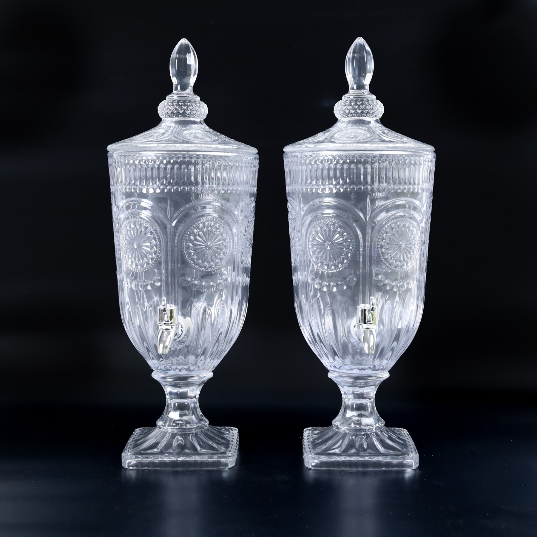 Pair glass drinks dispensers, H48cm