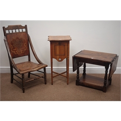 Victorian inlaid nursing chair, shaped and carved cresting rail, solid back and seat, turned supports and stretchers, a drop leaf joint style table and an Edwardian oak stand.  
