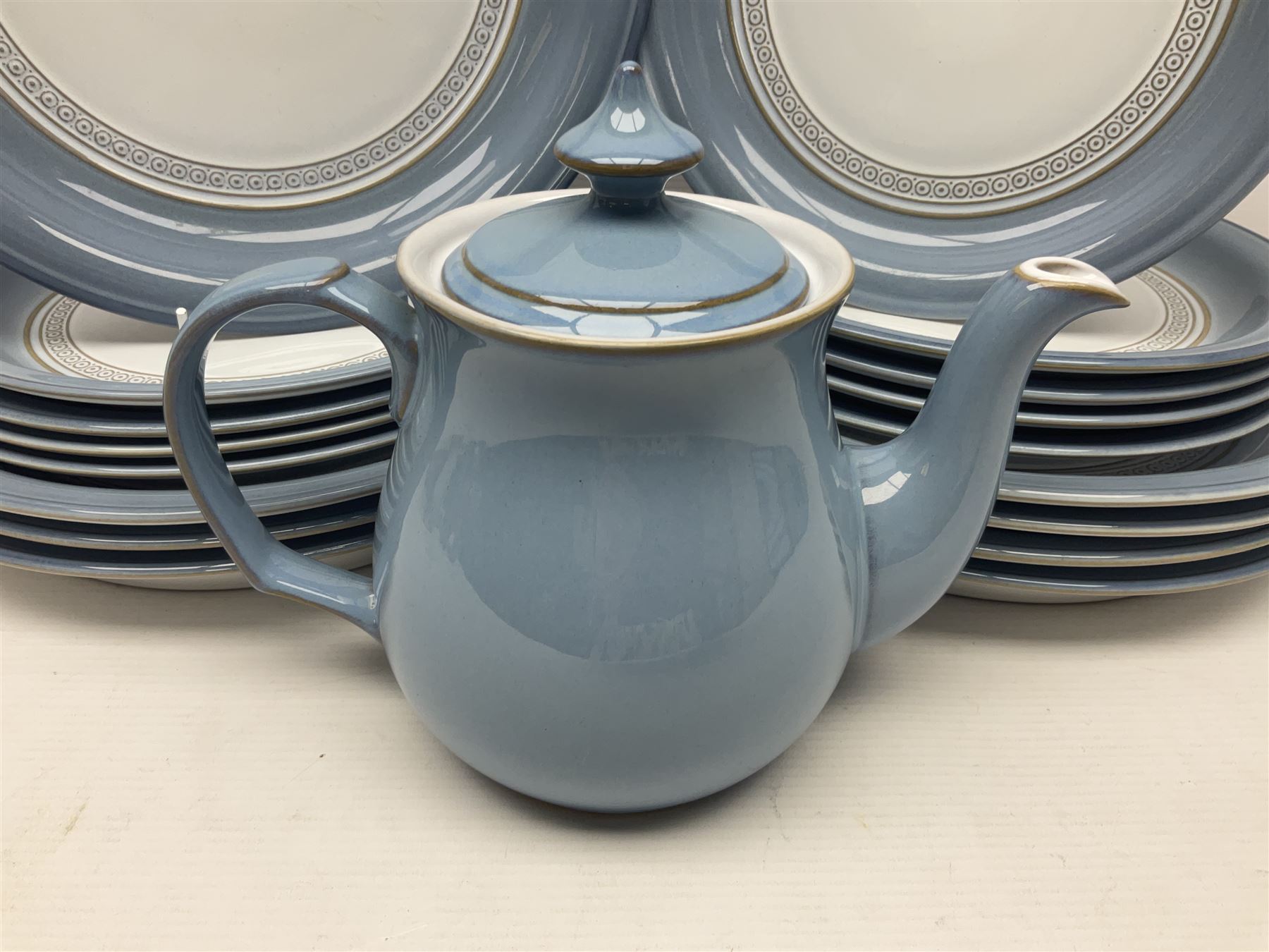 Denby Castile part tea and dinner service, including teapot, eight dinner plates, nine cups and saucers, nine side plates etc