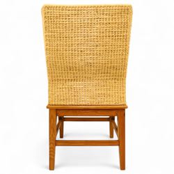 Pair of 20th century full-size pine Orkney chairs, high-back armchairs of traditional design, pegged and wedged construction, wrap-around backrest and sides, above scrolled out-swept arms and solid rounded pine seat, raised on square tapering legs united by stretchers, hand-signed ‘Jackie Miller’ and stamped ‘Orkney’
