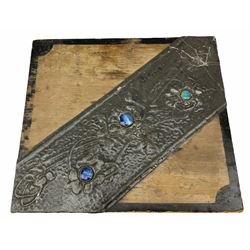 Arts & Crafts wooden coal box, the hinged cover with applied metal band embossed with foliate tendrils and three inset blue cabochons, H37.5cm.