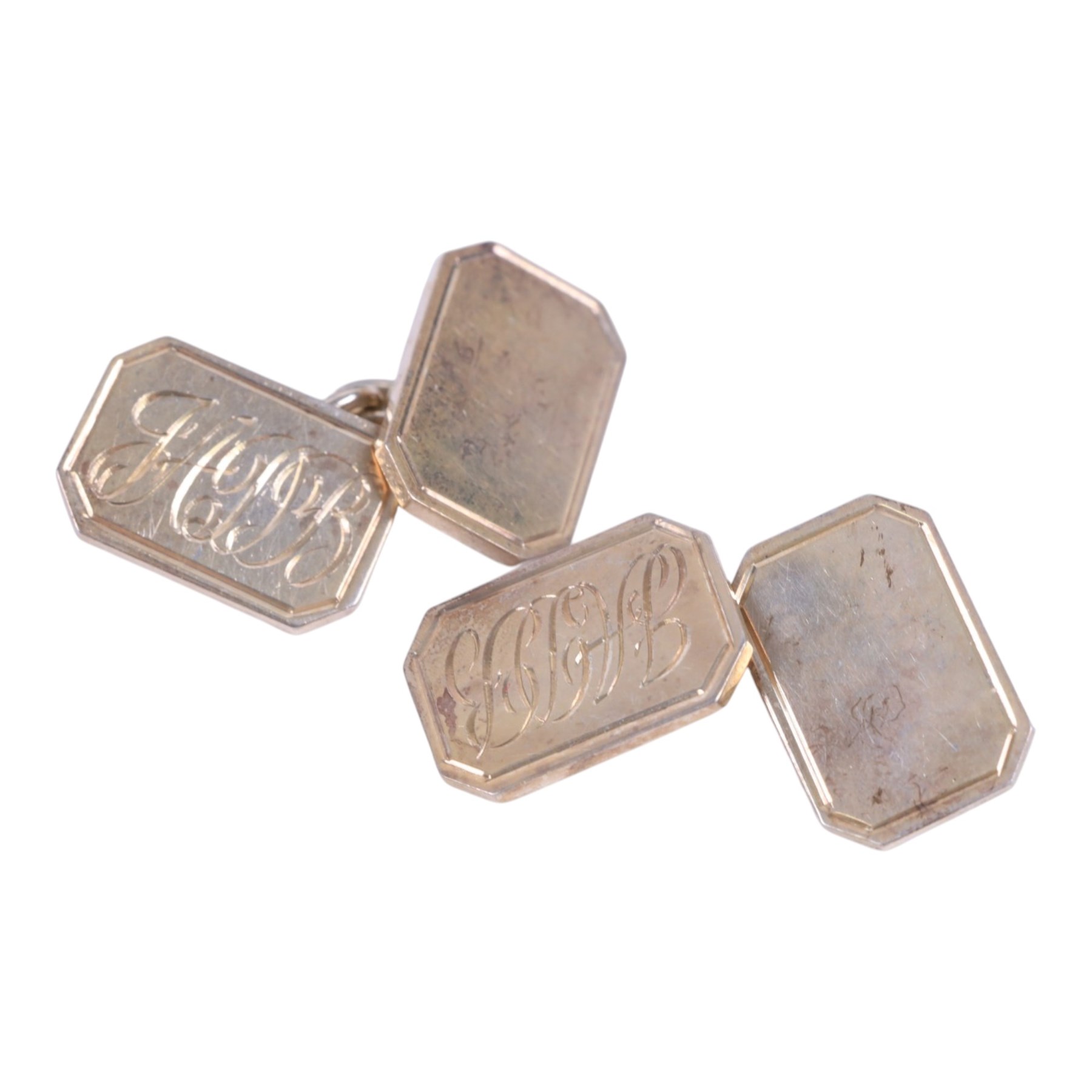 Mid 20th century silver powder compact, of circular form with engine turned decoration and engraved initials to interior, hallmarked, together with a pair of silver cufflinks, gold on silver cufflinks and tie clip, 15ct gold stick pin set with rose cut diamond, mirror D6.5cm
