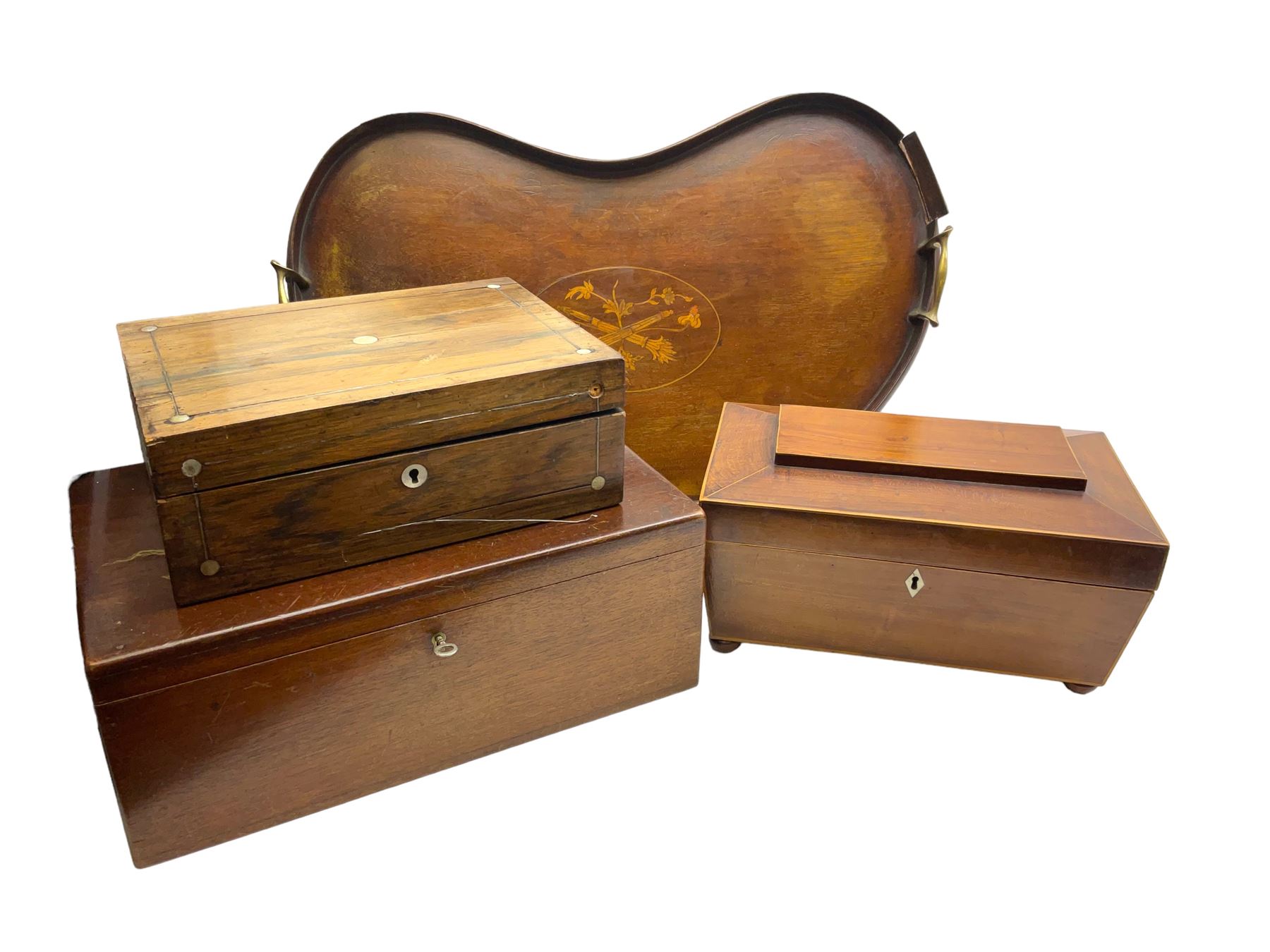Three 19th century wooden boxes, to include a sewing box of sarcophagus form upon compressed bun feet, plus a mahogany twin handled kidney shaped tray, in one box