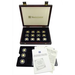 Fifteen gold coins from 'The Smallest Gold Coins of the World Collection', including Isle of Man 1989 1/25 ounce crown, Australia 1991 1/20 ounce five dollars, China 1995 1/20 ounce panda etc