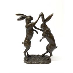 Bronze figure group, modelled as two male hares boxing, with foundry mark, H27cm