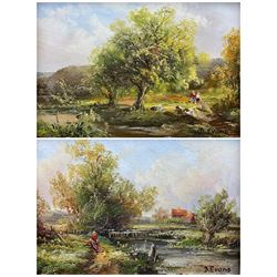D Evans (Continental 20th century): River Landscape with Figures, pair oils on board signed 12cm x 17cm (2)