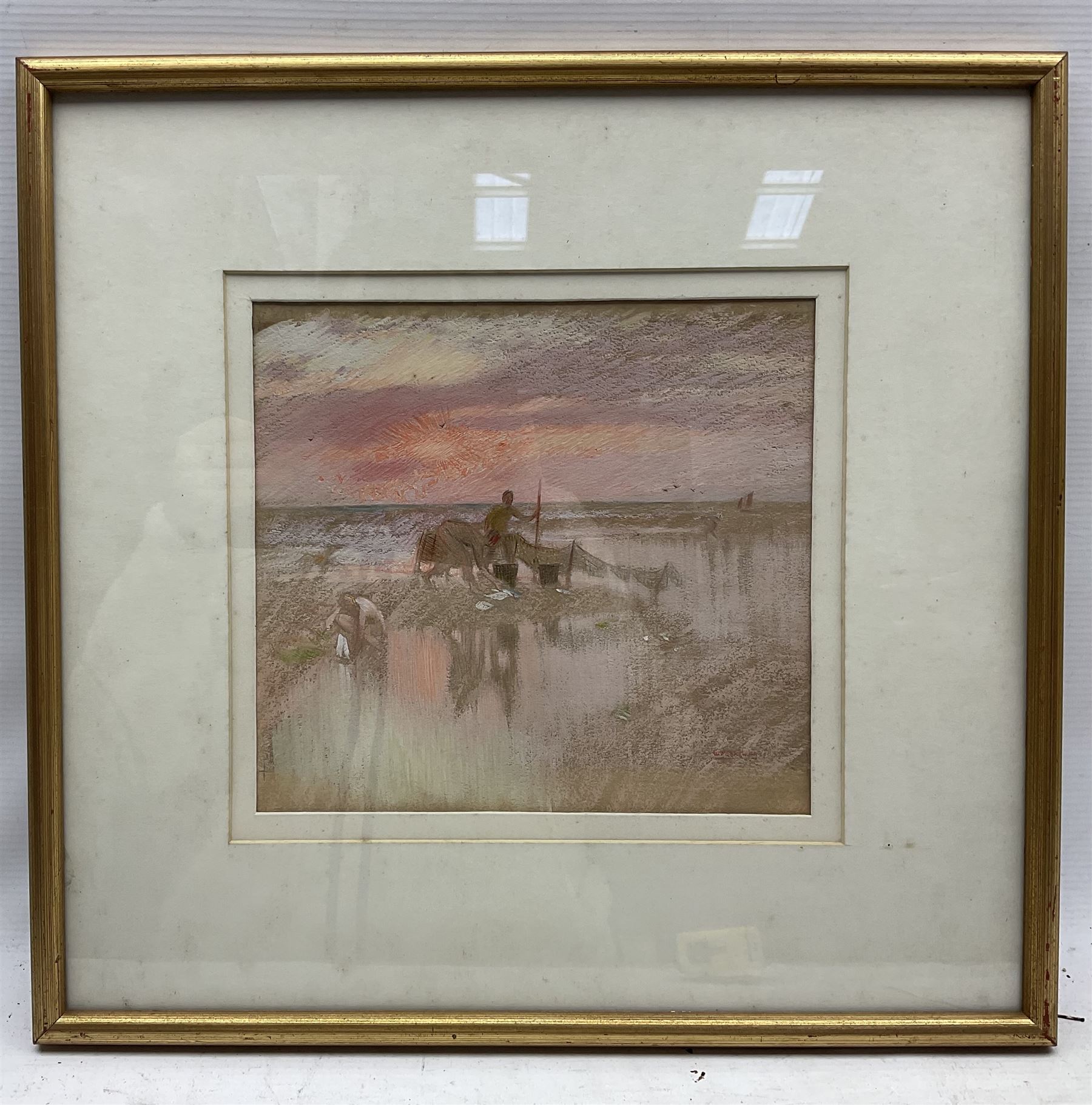 William Shackleton (Bradford 1872-1933): Sorting Fish at Sunset, gouache signed and dated '03, 21cm x 23cm 