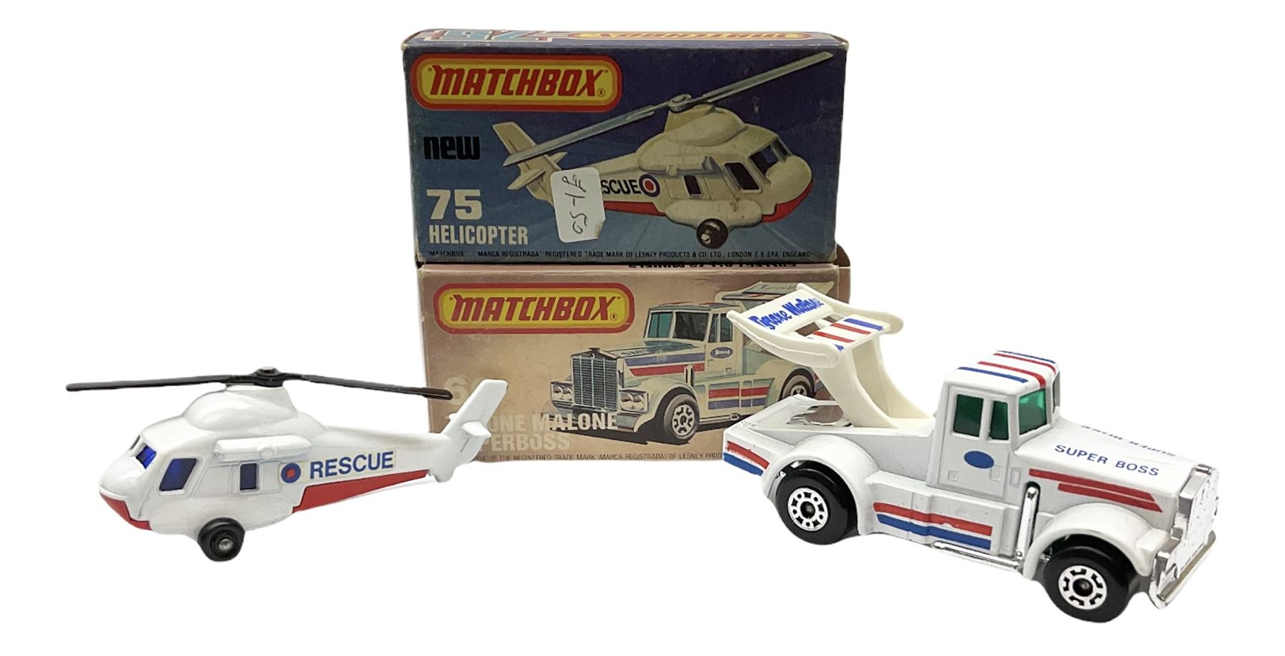 Matchbox/Superfast - nine '1-75' series models comprising 64d Fire Chief car, 65e Airport Coach, 66f Tyrone Malone Superboss, 68e Chevrolet Van, 69e Security Truck, 71e Cattle Truck, 72d Bomag Road Roller, 75c Alfa Carabo and 75e Helicopter; all boxed; and eight unboxed and playworn models (17)